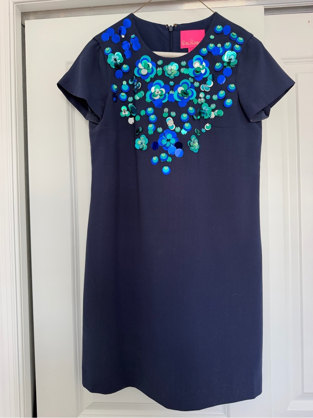 Lilly Pulitzer Navy Shift Dress with Blue & Teal Sequin Floral Appliqué